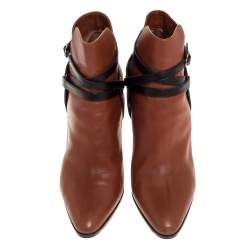 Hermes Brown/Black Leather Cross Strap Pointed Toe Ankle Boots Size 40