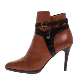 Hermes Brown/Black Leather Cross Strap Pointed Toe Ankle Boots Size 40