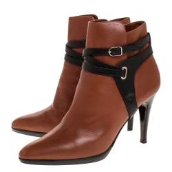 Hermes Brown/Black Leather Cross Strap Pointed Toe Ankle Boots Size 40