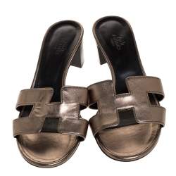 Hermes Metallic Bronze Leather Oasis Slide Sandals Size 37.5