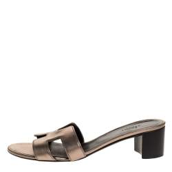 Hermes Metallic Bronze Leather Oasis Slide Sandals Size 37.5
