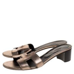 Hermes Metallic Bronze Leather Oasis Slide Sandals Size 37.5