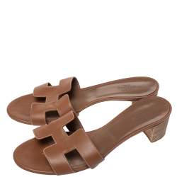 Hermes Brown Leather Oasis Slide Sandals Size 38