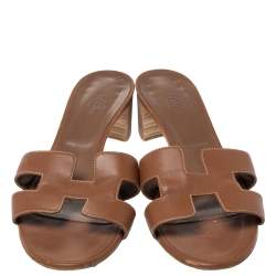 Hermes Brown Leather Oasis Slide Sandals Size 38