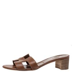 Hermes Brown Leather Oasis Slide Sandals Size 38