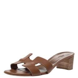 Hermes Brown Leather Oasis Slide Sandals Size 38
