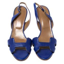 Pre Owned Hermes Royal Blue Leather Night Slingback Sandals Size 38.5