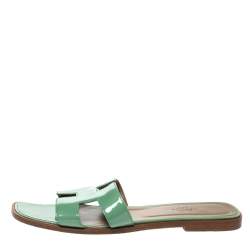 Hermes Light Green Patent Leather Oran Flat Slides Size 39