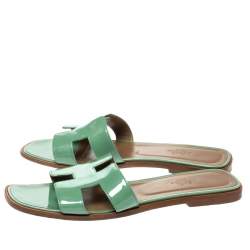 Hermes Light Green Patent Leather Oran Flat Slides Size 39