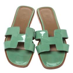 Hermes Light Green Patent Leather Oran Flat Slides Size 39