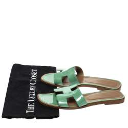Hermes Light Green Patent Leather Oran Flat Slides Size 39