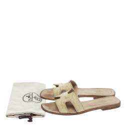 Pre Owned Hermes Metallic Pale Gold Twisted Metal Thread Oran Sandals Size 40