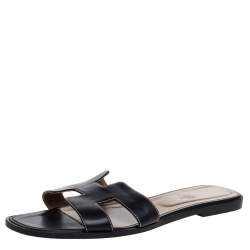 Pre Owned Hermes Black Leather Oran Flat Sandals Size 42