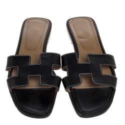 Pre Owned Hermes Black Leather Oran Flat Sandals Size 42