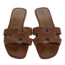 Pre Owned Hermes Brown Leather Oran Flat Sandals Size 42