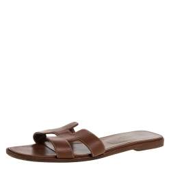 Pre Owned Hermes Brown Leather Oran Flat Sandals Size 42
