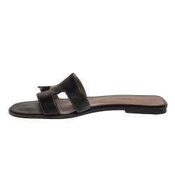 Hermes Black Leather Oran Flat Slides Size 39