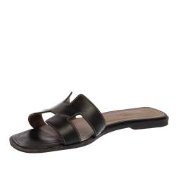 Hermes Black Leather Oran Flat Slides Size 39