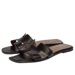 Hermes Black Leather Oran Flat Slides Size 39