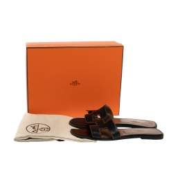 Hermes Black Leather Oran Flat Slides Size 39
