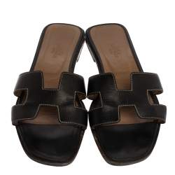 Hermes Black Leather Oran Flat Slides Size 39
