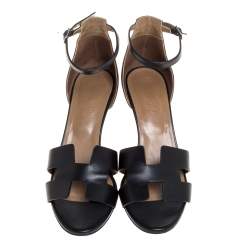 Hermes Black Leather Premiere Ankle Strap Wedge Sandals Size 39