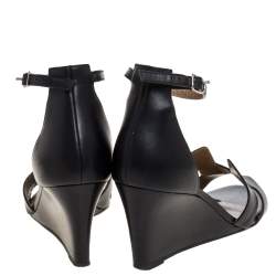 Hermes Black Leather Premiere Ankle Strap Wedge Sandals Size 39