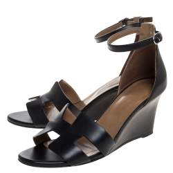 Hermes Black Leather Premiere Ankle Strap Wedge Sandals Size 39