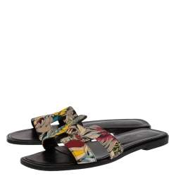 Pre Owned Hermes Multicolor Modernisme Tropical Print Canvas Oran Flat Slides Size 38
