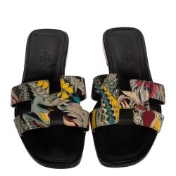 Pre Owned Hermes Multicolor Modernisme Tropical Print Canvas Oran Flat Slides Size 38