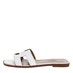 Hermes White Leather Oran Flat Sandals Size 38.5
