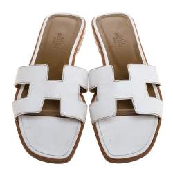 Hermes White Leather Oran Flat Sandals Size 38.5
