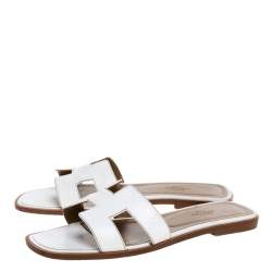 Hermes White Leather Oran Flat Sandals Size 38.5