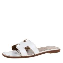 Hermes White Leather Oran Flat Sandals Size 38.5