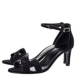 Pre Owned Hermes Black Suede Crystal Embellished Premiere Ankle Strap Sandals Size 38.5