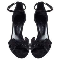 Pre Owned Hermes Black Suede Crystal Embellished Premiere Ankle Strap Sandals Size 38.5