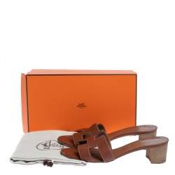 Pre Owned Hermes Brown Leather Oran Block Heel Sandals Size 39