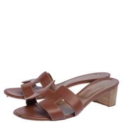 Hermes Brown Leather Oran Block Heel Sandals Size 39 Hermes | TLC