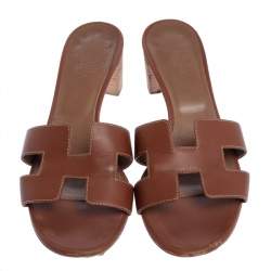 Pre Owned Hermes Brown Leather Oran Block Heel Sandals Size 39