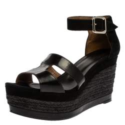 Hermes Black Suede and Patent Leather Ilana Espadrille Wedges Sandals Size 39