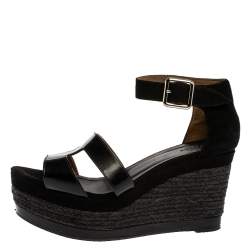 Hermes Black Suede and Patent Leather Ilana Espadrille Wedges Sandals Size 39