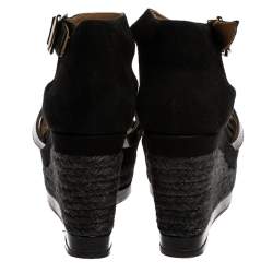 Hermes Black Suede and Patent Leather Ilana Espadrille Wedges Sandals Size 39