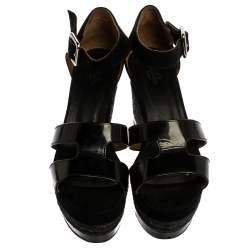 Hermes Black Suede and Patent Leather Ilana Espadrille Wedges Sandals Size 39