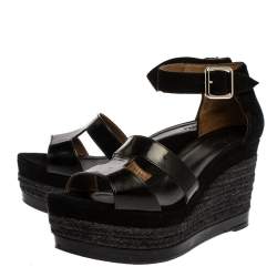 Hermes Black Suede and Patent Leather Ilana Espadrille Wedges Sandals Size 39