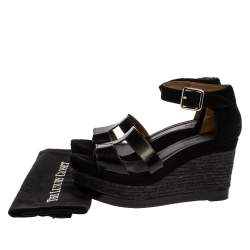Hermes Black Suede and Patent Leather Ilana Espadrille Wedges Sandals Size 39