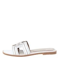 Pre Owned Hermes White Leather Oran Studded Flat Slides Size 40