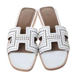 Pre Owned Hermes White Leather Oran Studded Flat Slides Size 40