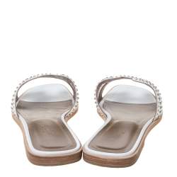 Pre Owned Hermes White Leather Oran Studded Flat Slides Size 40