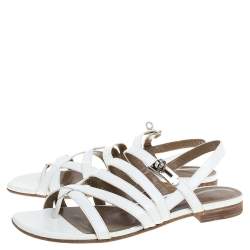 مملوكة مسبقًا Hermes White Leather Marine Strappy Flat Sandals Size 38.5