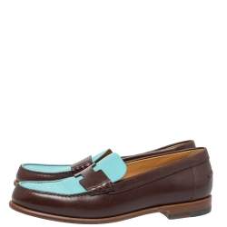 Pre Owned Hermes Blue/Brown Leather Kennedy Slip On Loafers Size 39